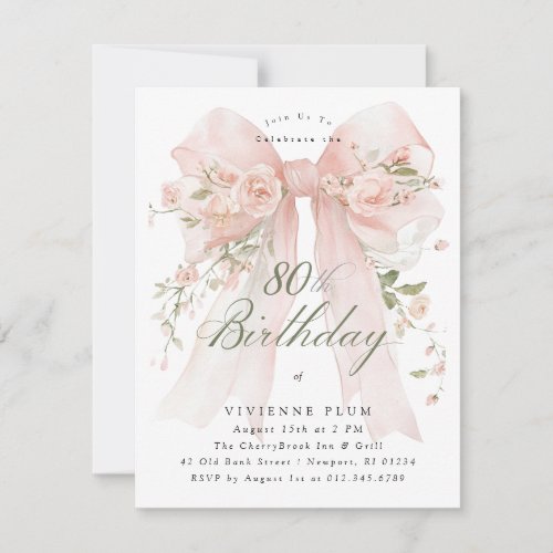 BUDGET 80th Birthday Party Elegant Pink Floral Invitation