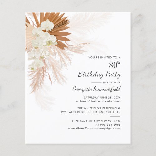 Budget 80th Birthday Party Pampas Grass Invitation