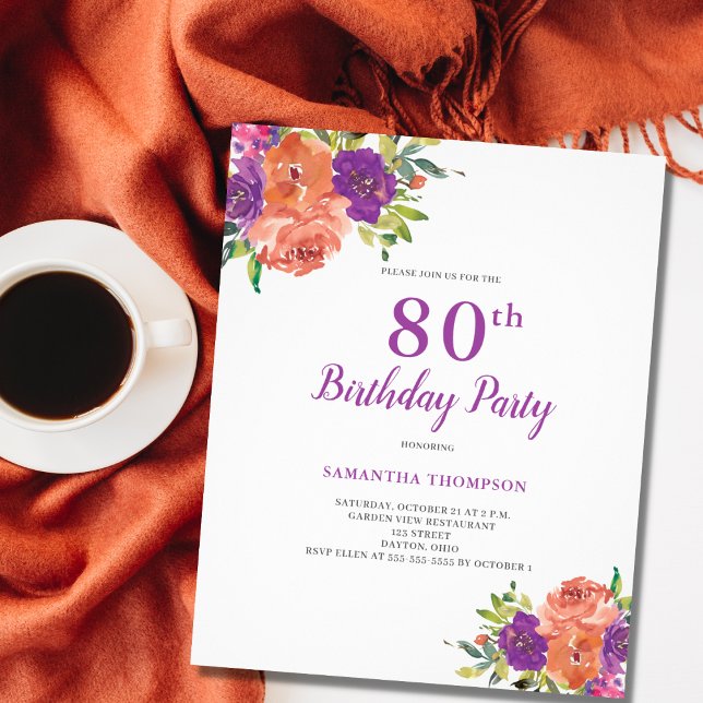 Budget 80th Birthday Purple Floral Invitation Flyer (Creator Uploaded)