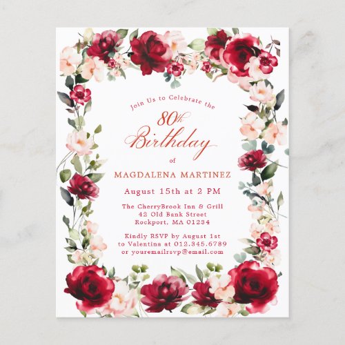 BUDGET 80th Birthday Red Rose Pink Peony Invite