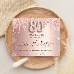 Budget 80th birthday rose glitter save the date<br><div class="desc">A girly and trendy Save the Date card for a 80th birthday party. Rose gold gradient background decorated with rose gold and faux silver glitter drips. Personalize and add a date and name/text. The text: Save the Date is written with a large trendy hand lettered style script with swashes. Number...</div>