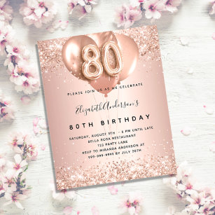Budget 80th birthday rose gold balloons invitation