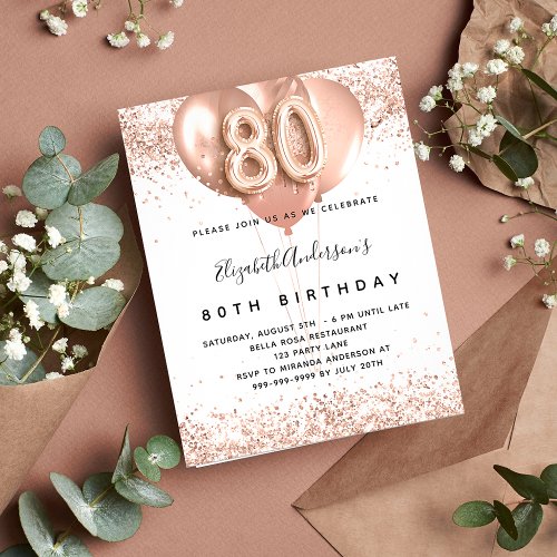 Budget 80th birthday rose gold balloons invitation