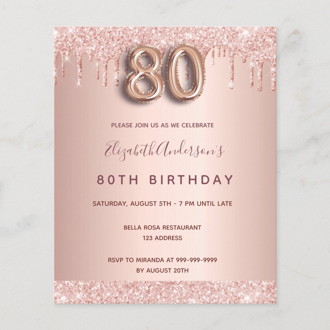 Budget 80th Birthday Rose Gold Glitter Invitation Zazzle