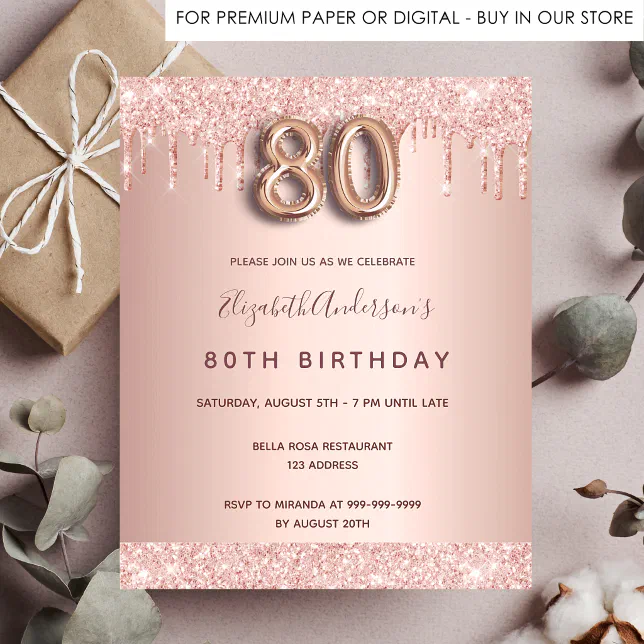 Budget 80th birthday rose gold glitter invitation | Zazzle