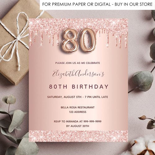 Budget 80th birthday rose gold glitter invitation 