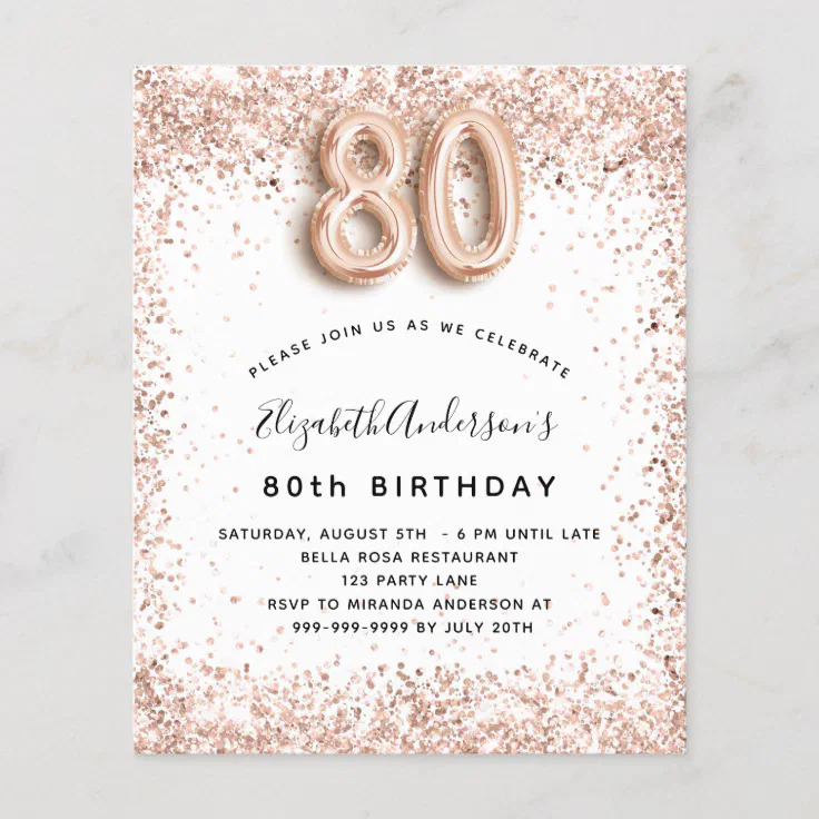 Budget 80th birthday rose gold white invitation | Zazzle