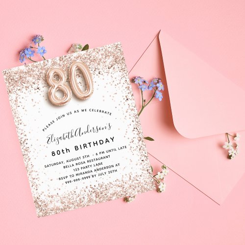 Budget 80th birthday rose gold white invitation