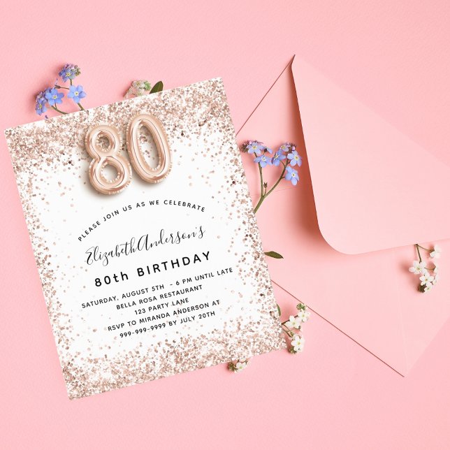 Budget 80th birthday rose gold white invitation (Creator Uploaded)