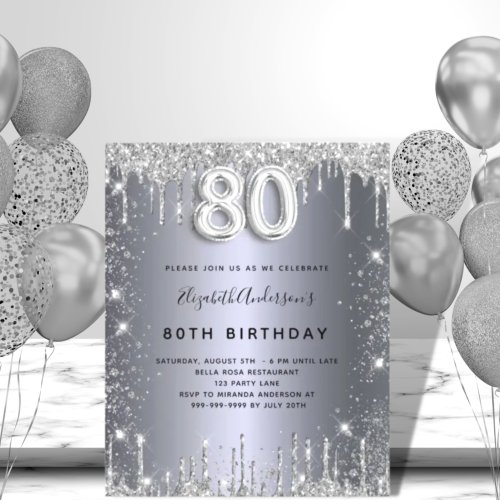 Budget 80th birthday silver glitter invitation