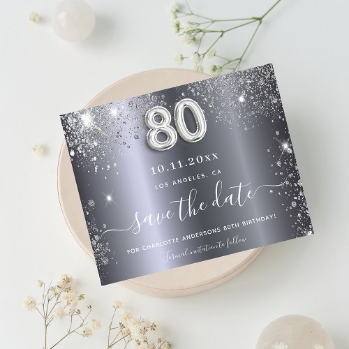 Budget 80th birthday silver glitter save the date