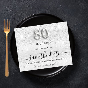 Budget 80th birthday silver glitter save the date