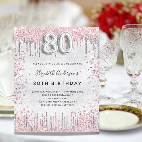 Budget 80th birthday silver pink invitation