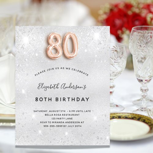 Budget 80th birthday silver rose gold invitation