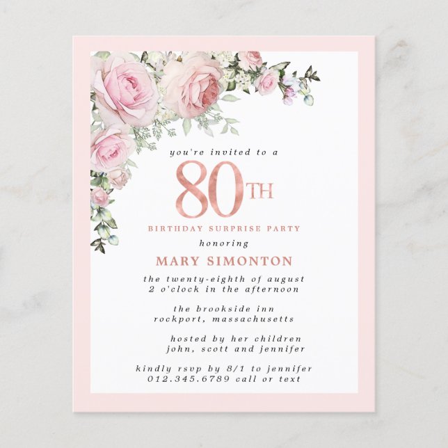 Budget 80th Birthday Surprise Party Pink Floral (Front)