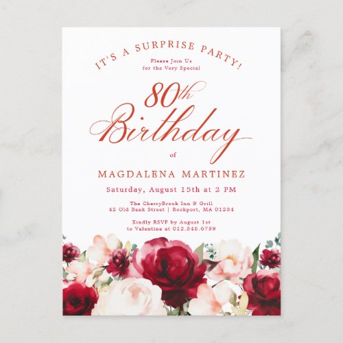 Budget 80th Birthday Surprise Party Pink Red Rose Invitation Postcard