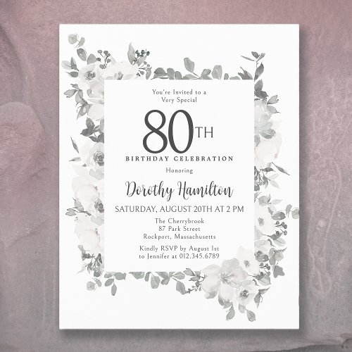 Budget 80th Birthday White Floral Invitation