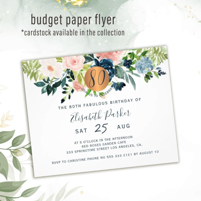 Budget 80th floral birthday party Invitation Flyer