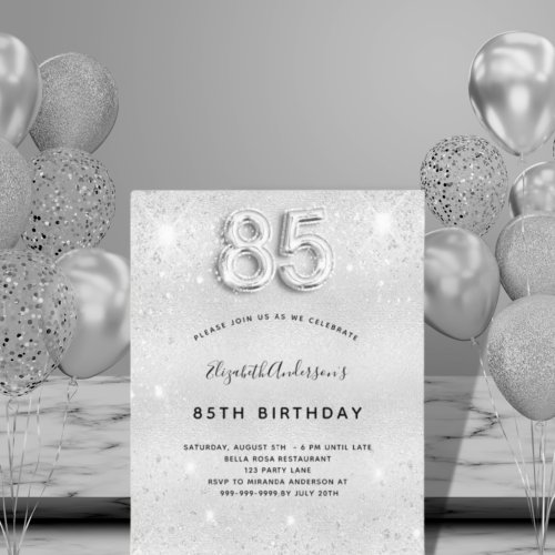 Budget 85th birthday silver glitter invitation