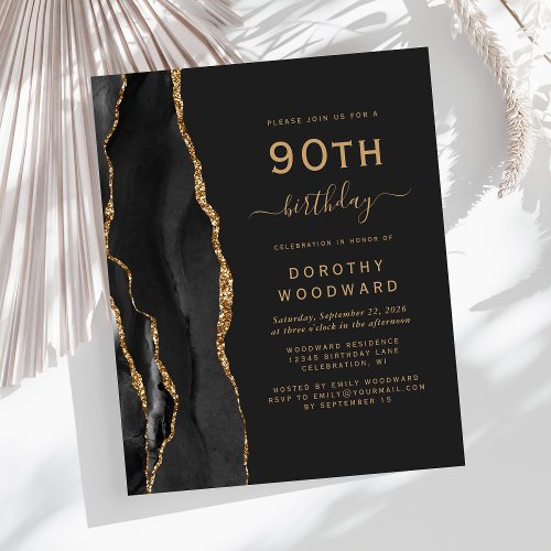 Budget 90th Birthday Black Gold Agate Dark Invite