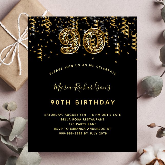 Budget 90th birthday black gold leopard invitation