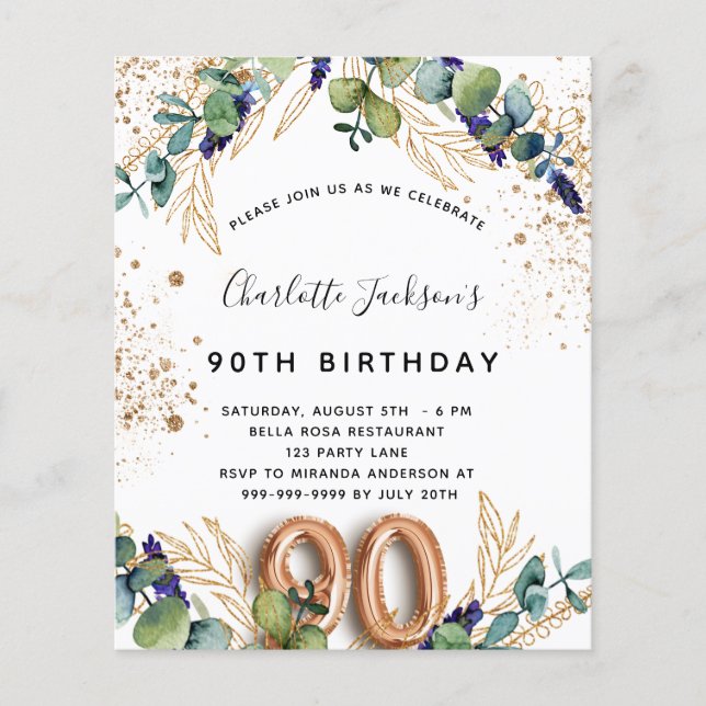 Budget 90th birthday eucalyptus greenery glitter (Front)