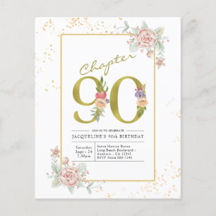 Budget 90th Birthday Floral Gold Script Invitation Flyer