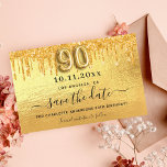 Budget 90th birthday gold glitter save the date<br><div class="desc">A girly and trendy Save the Date card for a 90th birthday party. A modern faux gold metallic looking background decorated with faux glitter drips, paint dripping look. Personalize and add a date and name. The text: Save the Date is written with a large trendy hand lettered style script. Number...</div>