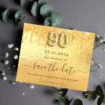 Budget 90th birthday gold glitter save the date<br><div class="desc">A girly and trendy Save the Date card for a 90th birthday party. A modern faux gold metallic looking background decorated with faux glitter drips, paint dripping look. Personalize and add a date and name. The text: Save the Date is written with a large trendy hand lettered style script. Number...</div>