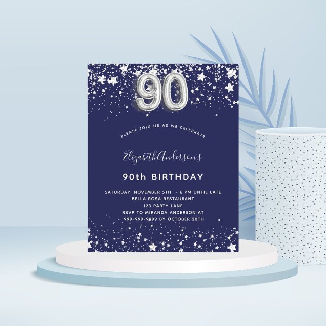 Budget 90th birthday navy blue silver invitation (Creator Uploaded)