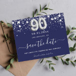 Budget 90th birthday navy blue silver save date<br><div class="desc">A girly and trendy Save the Date for a 90th birthday party. A navy blue colored background. Decorated with faux silver stars. The text: Save the Date is written with a large trendy hand lettered style script. Number 90 is written with a balloon style font.</div>