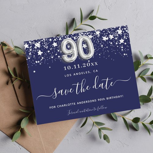 Budget 90th birthday navy blue silver save date