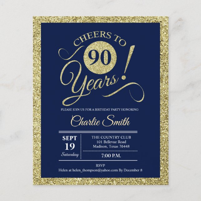 Budget 90th Birthday - Navy Gold ANY YEAR Invite Flyer (Front)