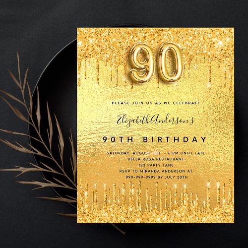 Budget 90th birthday party gold glitter invitation