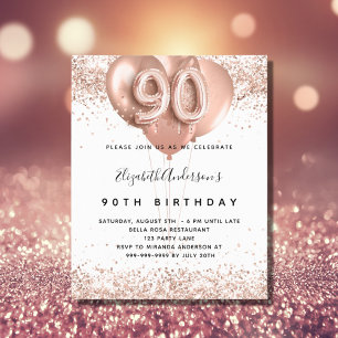 Budget 90th birthday rose gold balloons invitation