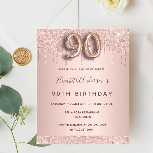 Budget 90th birthday rose gold glitter invitation