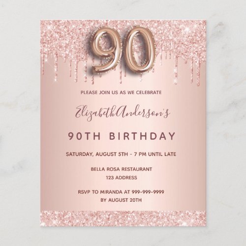 Budget 90th birthday rose gold glitter invitation