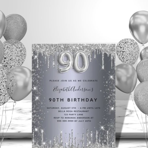 Budget 90th birthday silver glitter invitation