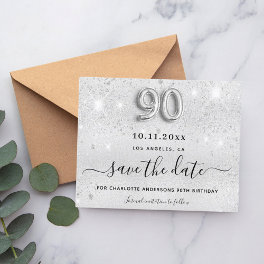 Budget 90th birthday silver glitter save the date