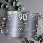 Budget 90th birthday silver glitter save the date<br><div class="desc">An elegant Save the Date card for a 90th birthday party. A modern faux silver metallic looking background, decorated with faux glitter dust. Personalize and add a date and name/age. The text: Save the Date is written with a large trendy hand lettered style script. Number 90 with a balloon style...</div>