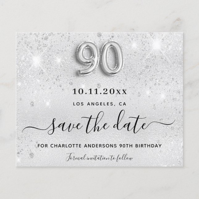 Budget 90th birthday silver glitter save the date (Front)