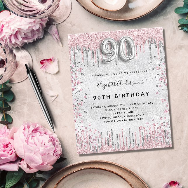 Budget 90th birthday silver pink invitation (Creator Uploaded)