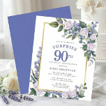 Budget 90th Birthday Surprise Party Invitation<br><div class="desc">Honor a special woman with this elegant and feminine Budget 90th Birthday Surprise Party invitation. Surprise and 90th are written in large blue text. Birthday Celebration follows. The honored guest's name is also in blue capital letters. The birthday celebration details are surrounded by a chic gold frame. The blue flowers...</div>