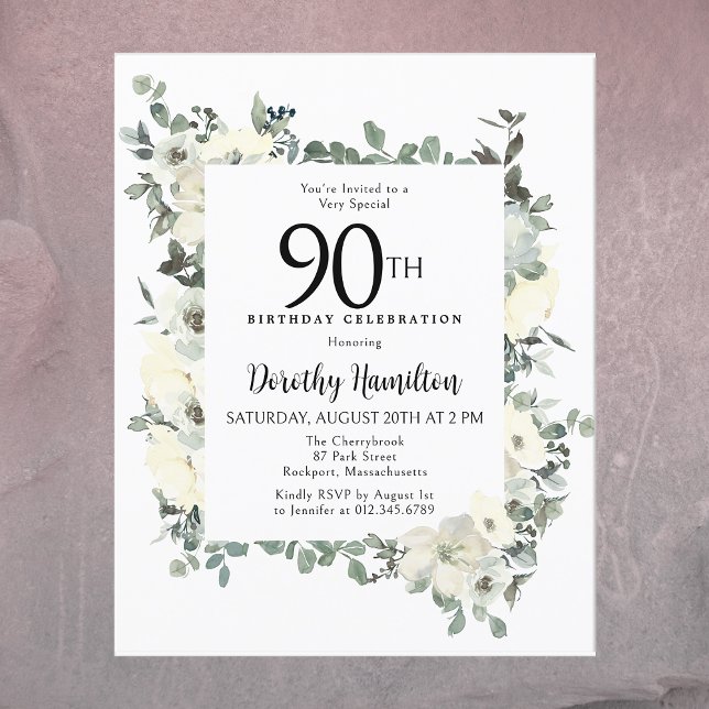 Budget 90th Birthday White Floral Invitation (It's time to Celebrate!)