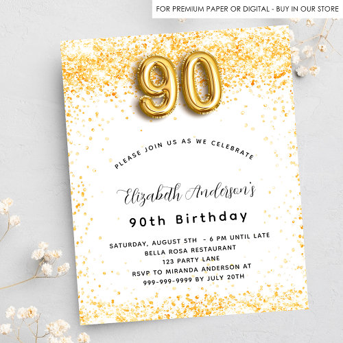 Budget 90th birthday white gold glitter invitation