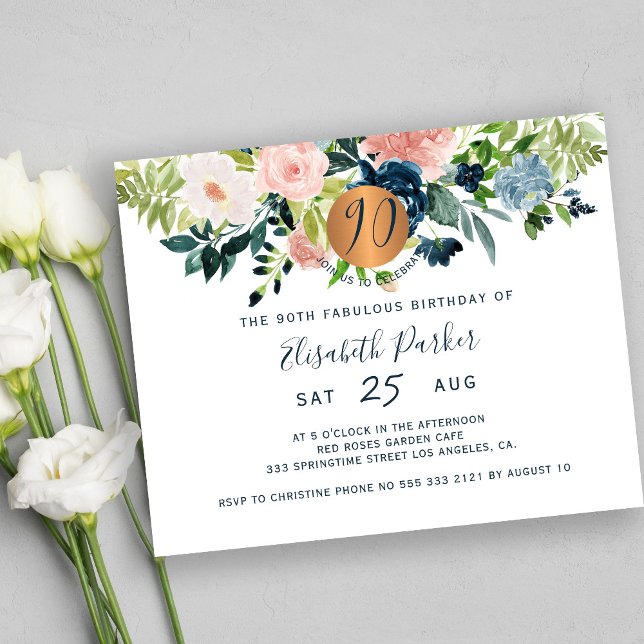Budget 90th floral birthday party Invitation (Creator Uploaded)