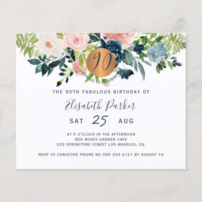 Budget 90th floral birthday party Invitation Flyer (Front)