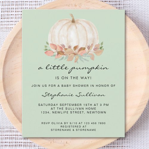 Budget A Little Pumpkin Green Baby Shower Invite