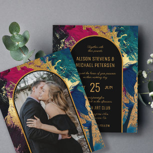 Budget abstract gold arch PHOTO wedding Invitation