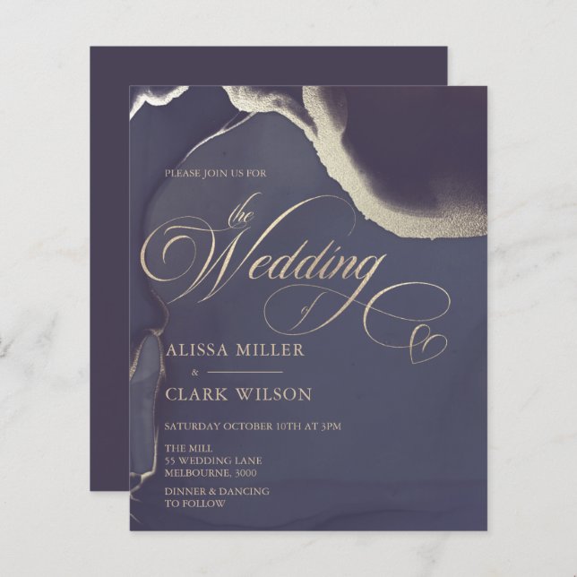 BUDGET Abstract Gold Navy Wedding Invitation (Front/Back)